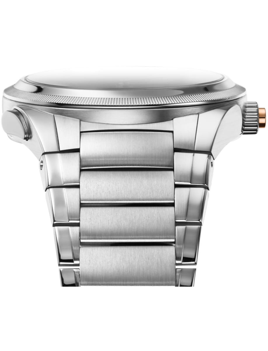Front view of Parmigiani Fleurier Tonda PF Minute Rattrapante wristwatch with 950 Platinum case and bracelet, natural platinum dial.