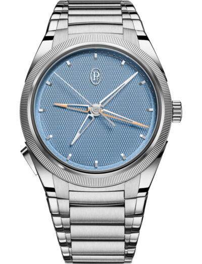Parmigiani Fleurier Tonda PF Chronograph Mystérieux wristwatch with Stainless steel / 950 Platinum case, stainless steel bracelet, and mineral blue dial.