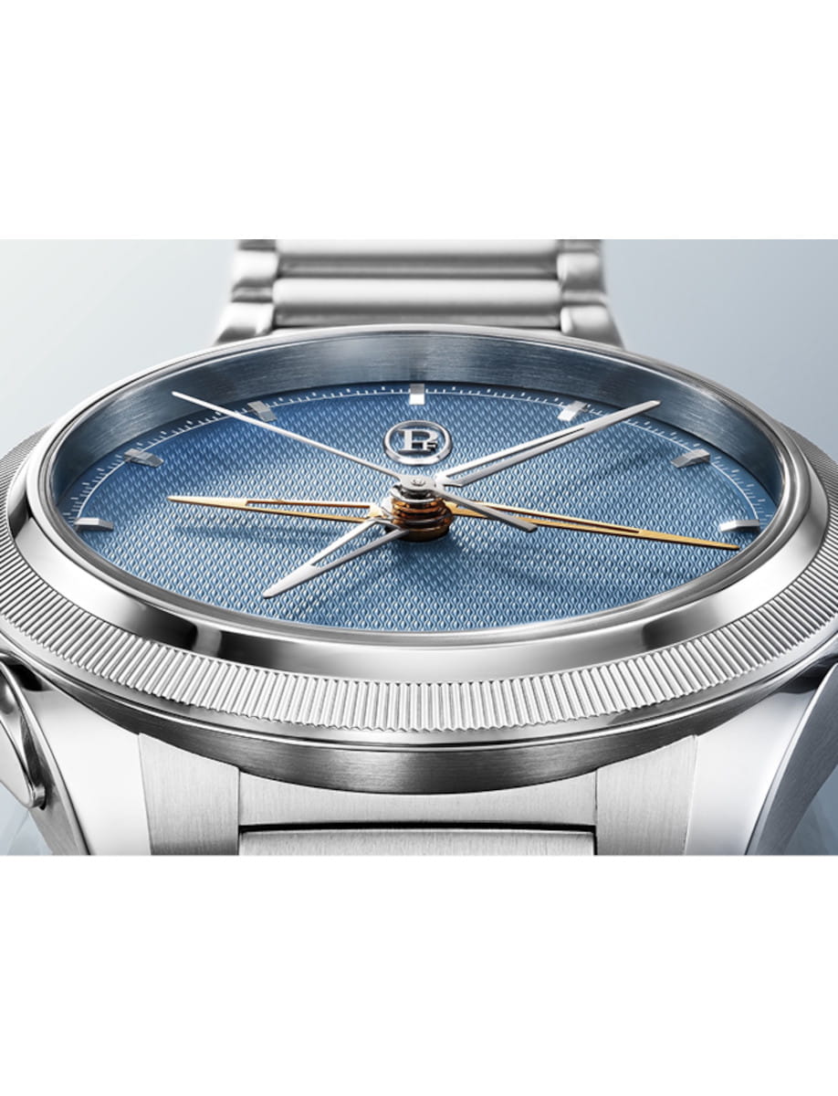 Side view of Parmigiani Fleurier Tonda PF Chronograph Mystérieux wristwatch with Stainless steel / 950 Platinum case, stainless steel bracelet, and mineral blue dial.