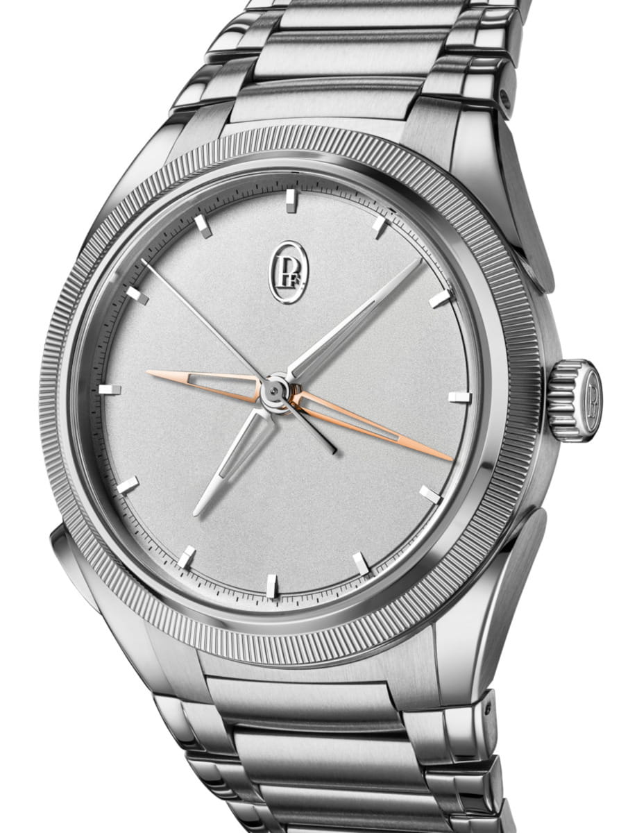 Front side view of Parmigiani Fleurier Tonda PF Chronograph Mysterieux wristwatch with 950 platinum case and bracelet and dial.