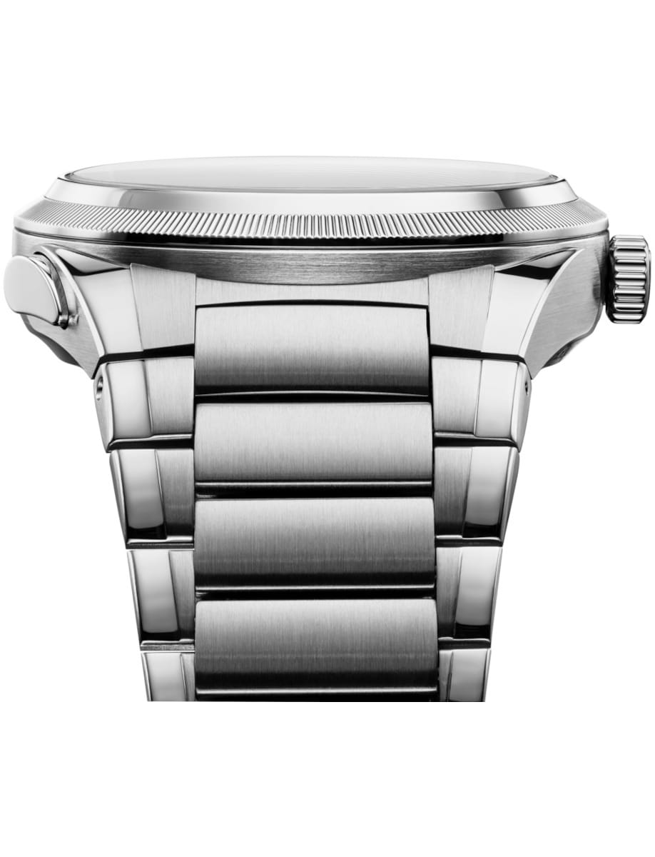 Side view of Parmigiani Fleurier Tonda PF Chronograph Mysterieux wristwatch with 950 platinum case and bracelet and dial.