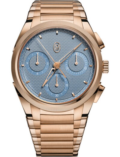 Parmigiani Fleurier Tonda PF Chronograph wristwatch with 18k rose gold case and bracelet, and mineral blue dial.