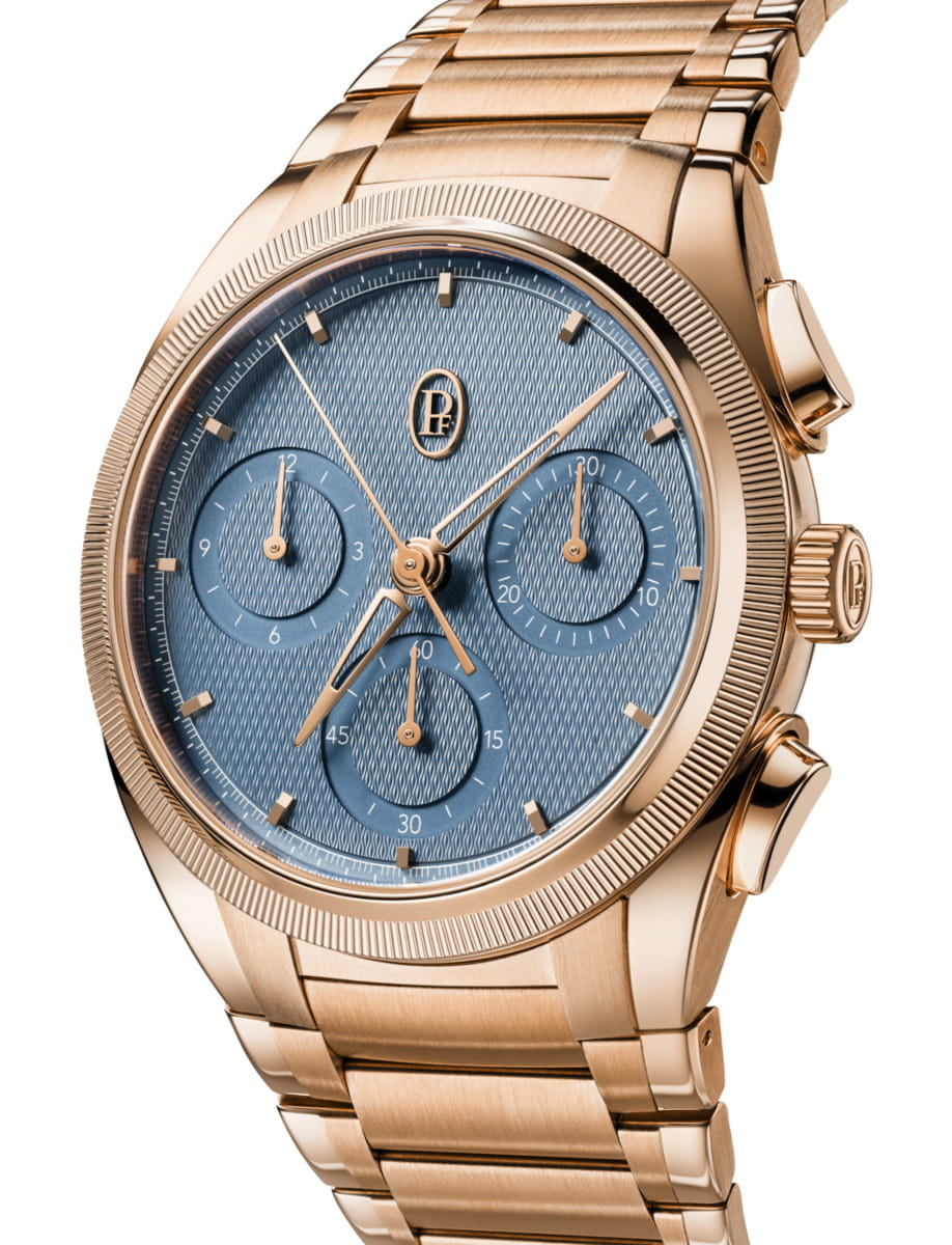 Side view of Parmigiani Fleurier Tonda PF Chronograph wristwatch with 18k rose gold case and bracelet, and mineral blue dial.