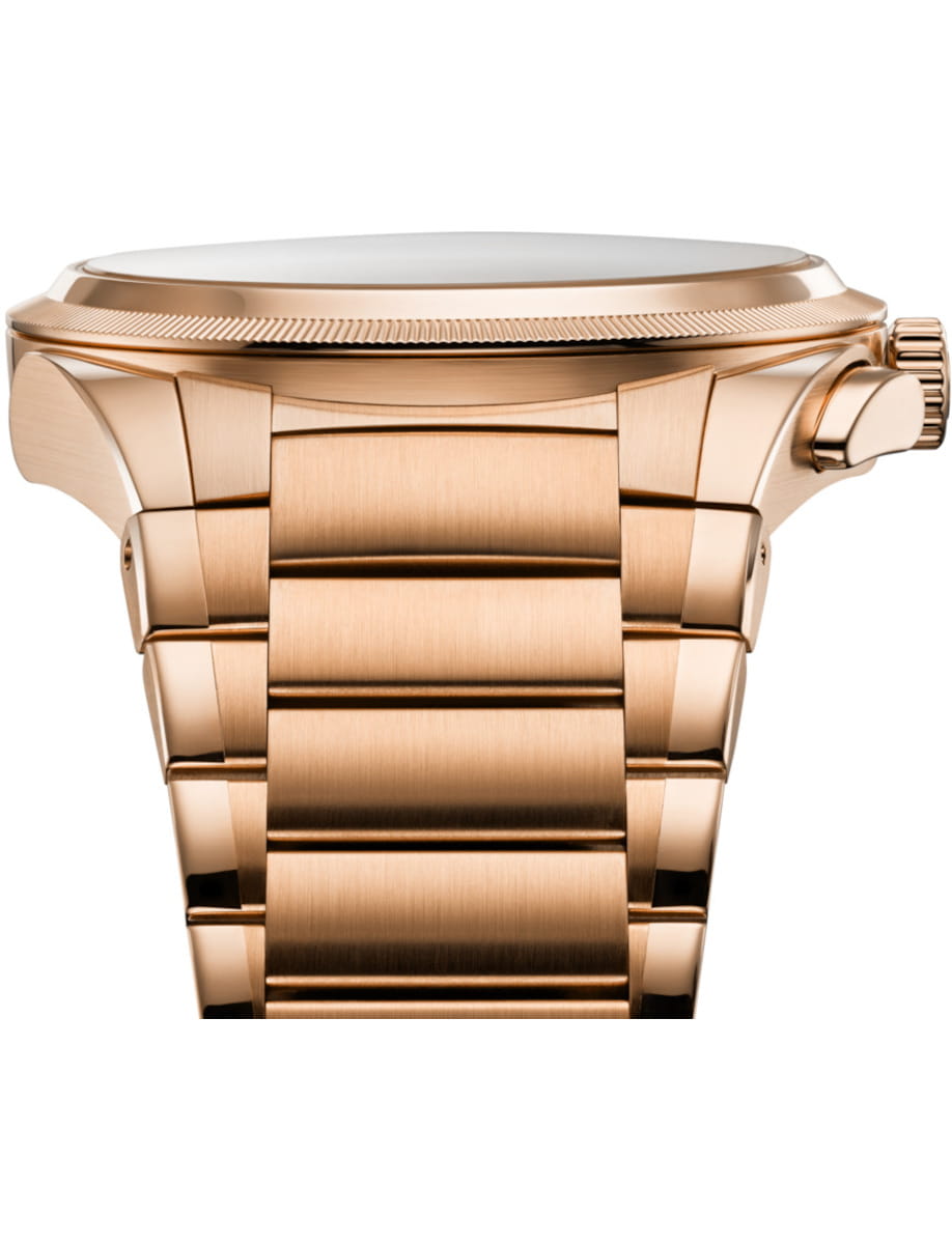 Front view of Parmigiani Fleurier Tonda PF Chronograph wristwatch with 18k rose gold case and bracelet, and mineral blue dial.