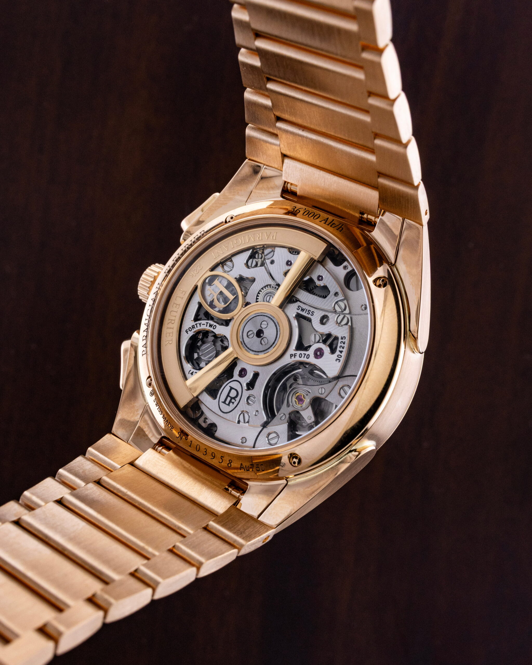 Hotlist image for Parmigiani Fleurier Tonda PF Chronograph wristwatch with 18k rose gold case and bracelet, and mineral blue dial.