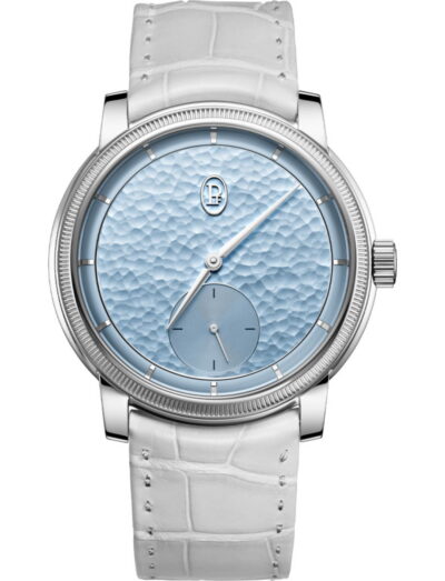 Parmigiani Fleurier Toric Petite Seconde wristwatch with 950 Platinum case, Morning Blue dial, and alligator leather strap.