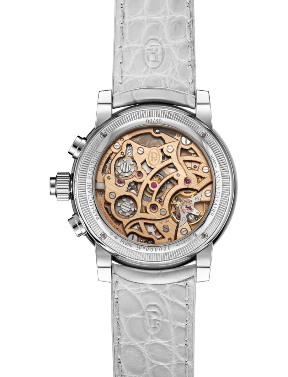 Back view of Parmigiani Fleurier Toric Chronograph Rattrapante wristwatch with 950 Platinum case, Sapphire case back, and alligator leather strap.