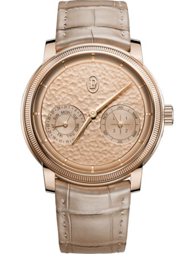 Parmigiani Fleurier Toric Quantieme Perpetuel wristwatch with 18k rose gold case, Bright Peony dial, and alligator leather strap.