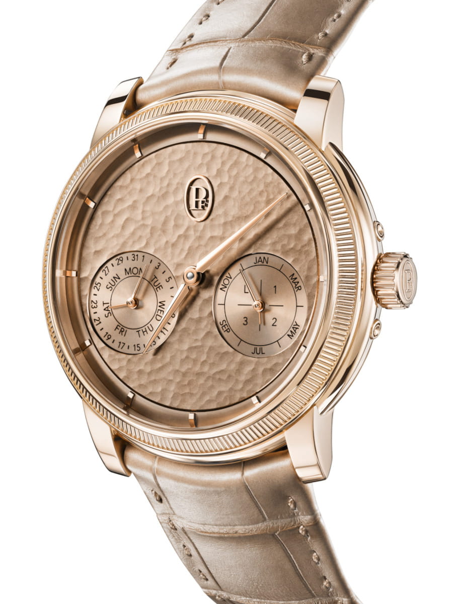 Side view of Parmigiani Fleurier Toric Quantieme Perpetuel wristwatch with 18k rose gold case, Bright Peony dial, and alligator leather strap.