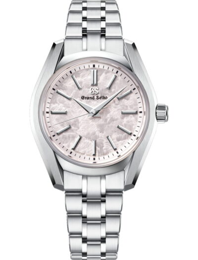Grand Seiko wristwatch with stainless steel case and bracelet and soft pink dial