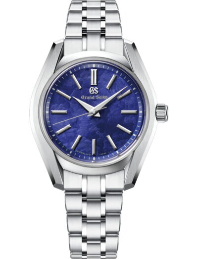 Grand Seiko wristwatch with stainless steel case and bracelet and cherry blossom dial