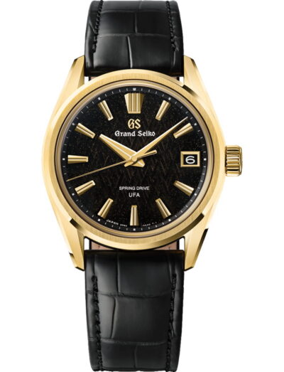 Grand Seiko wristwatch with 18k yellow gold case, black dial and black crocodile leather strap
