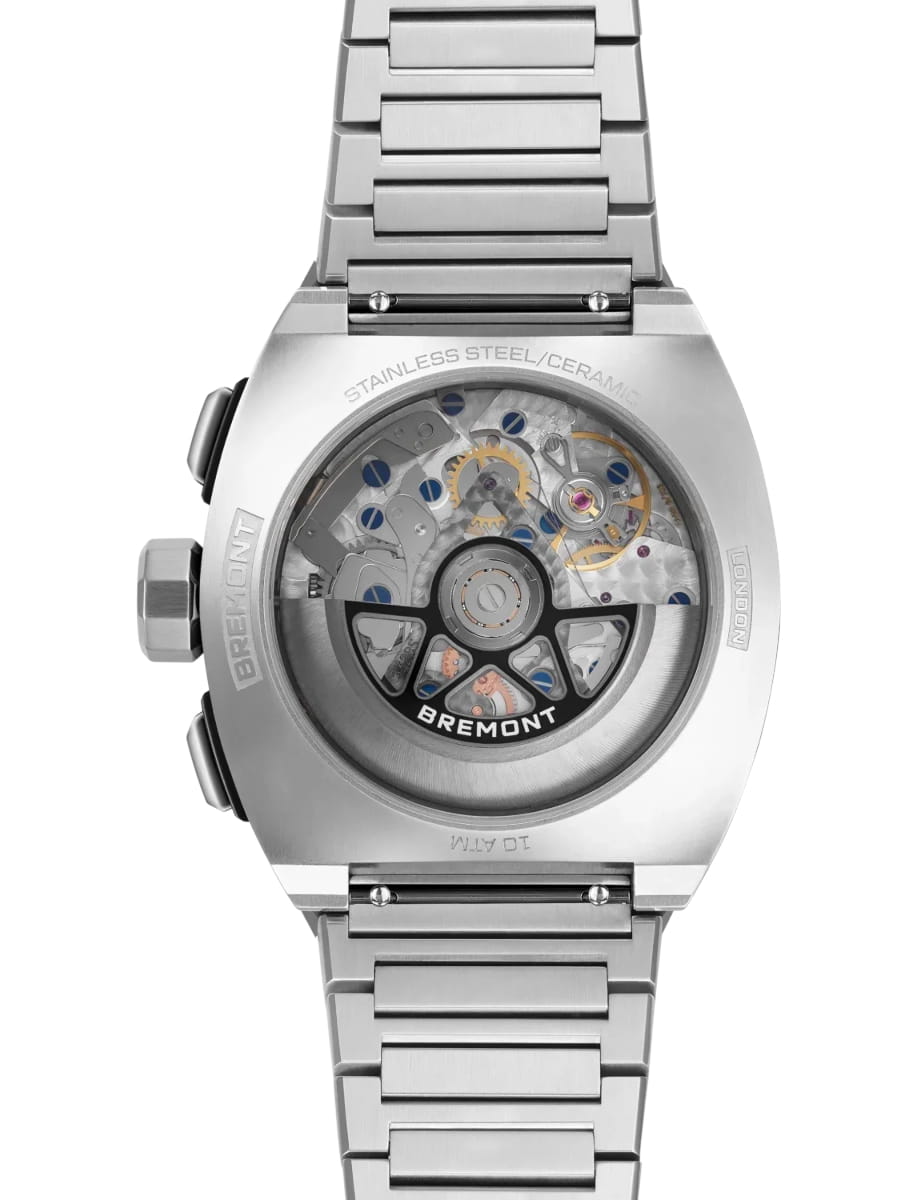 Back view of Bremont wristwatch with stainless steel case and bracelet black dial