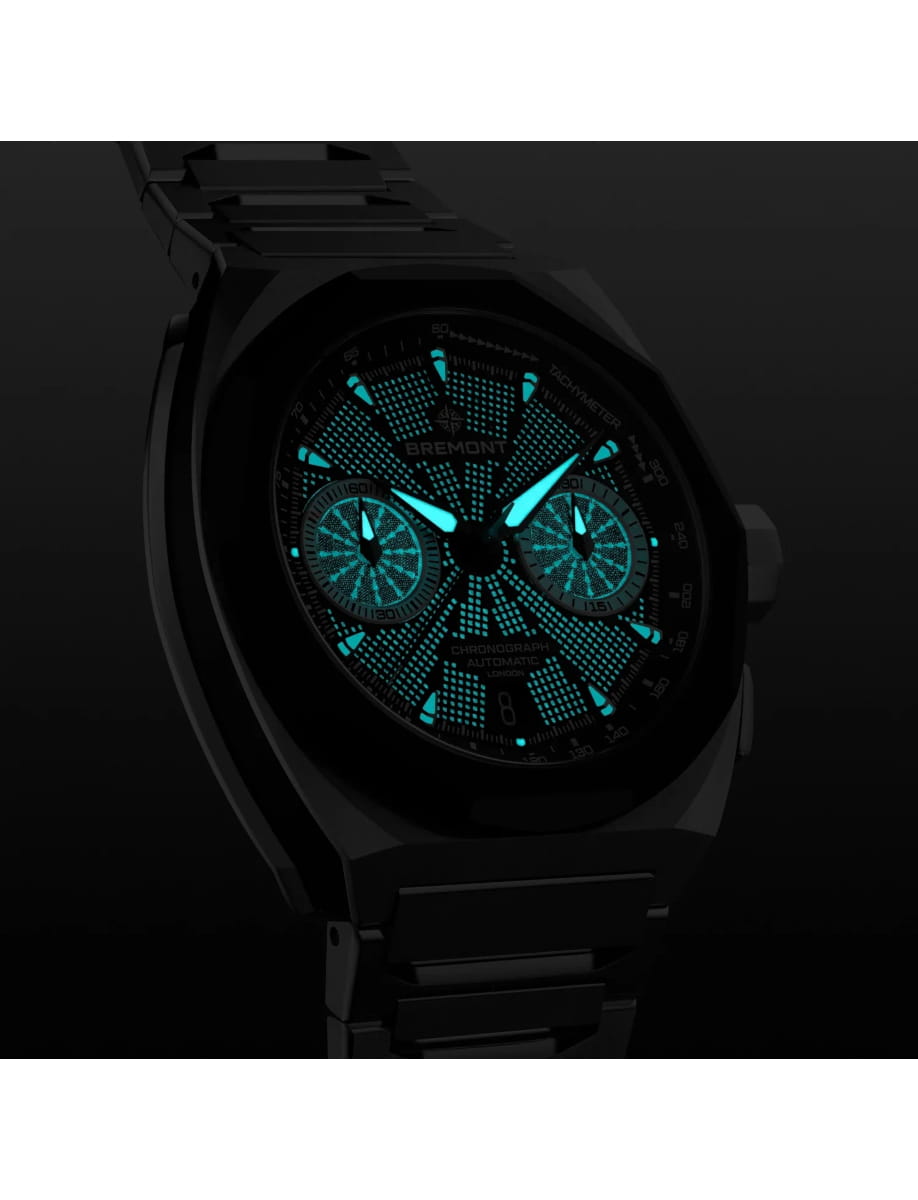 Night view of Bremont wristwatch with stainless steel case and bracelet black dial