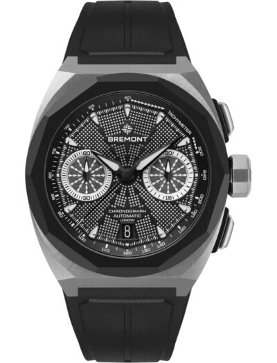 Bremont wristwatch with stainless steel case, black dial and black rubber strap