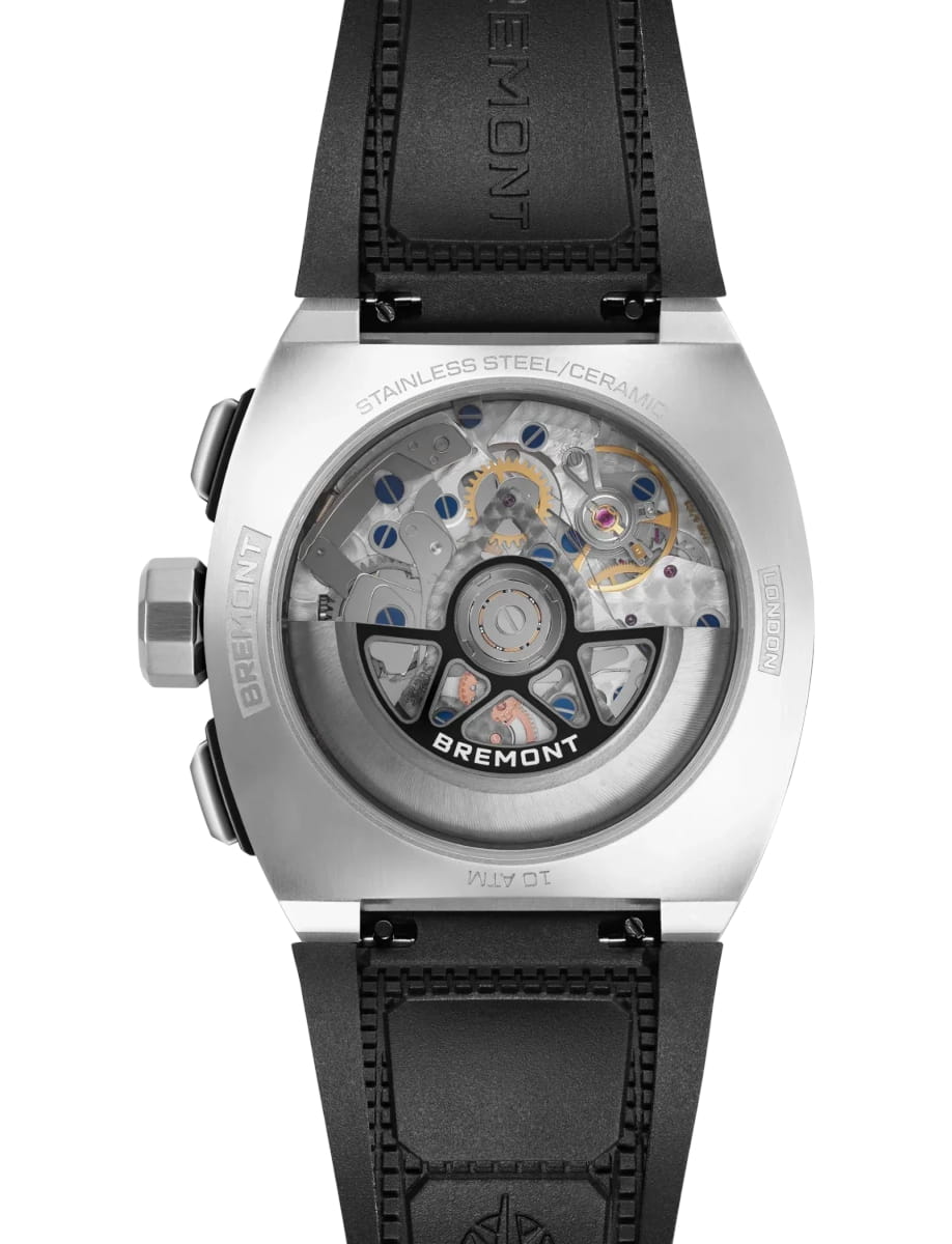 Back view of Bremont wristwatch with stainless steel case, black dial and black rubber strap