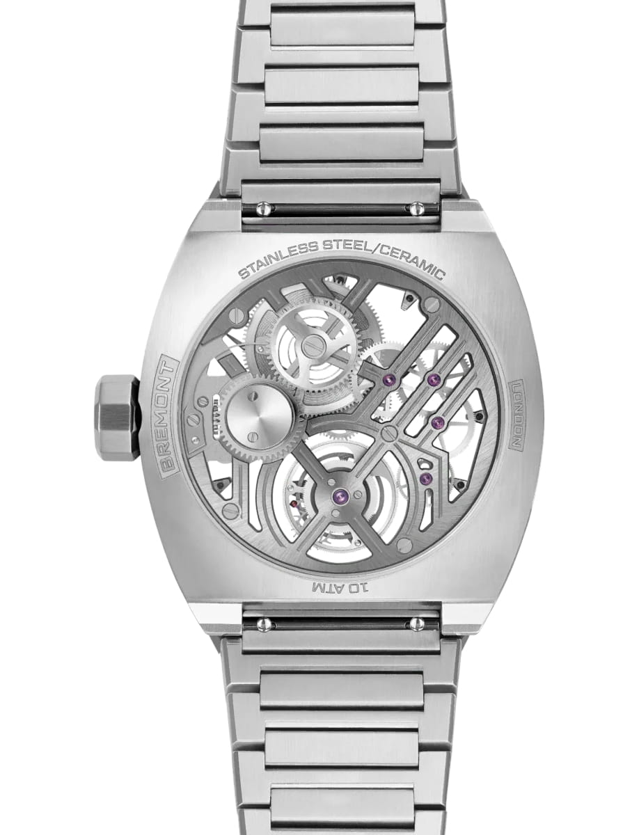 Back view of Bremont wristwatch with stainless steel case and bracelet and skeletonised dial