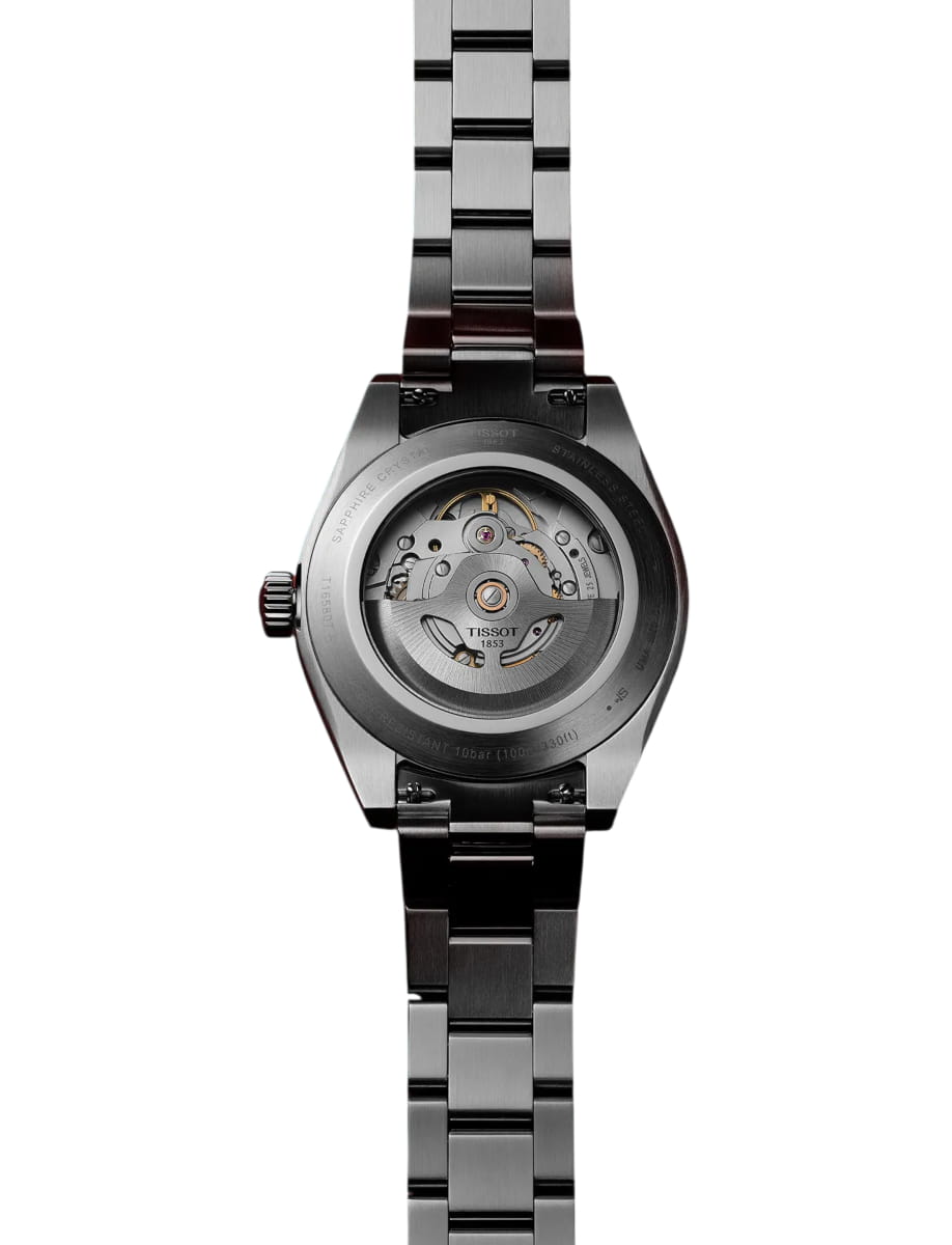 Back view of Tissot wristwatch with stainless steel case and bracelet and silver dial