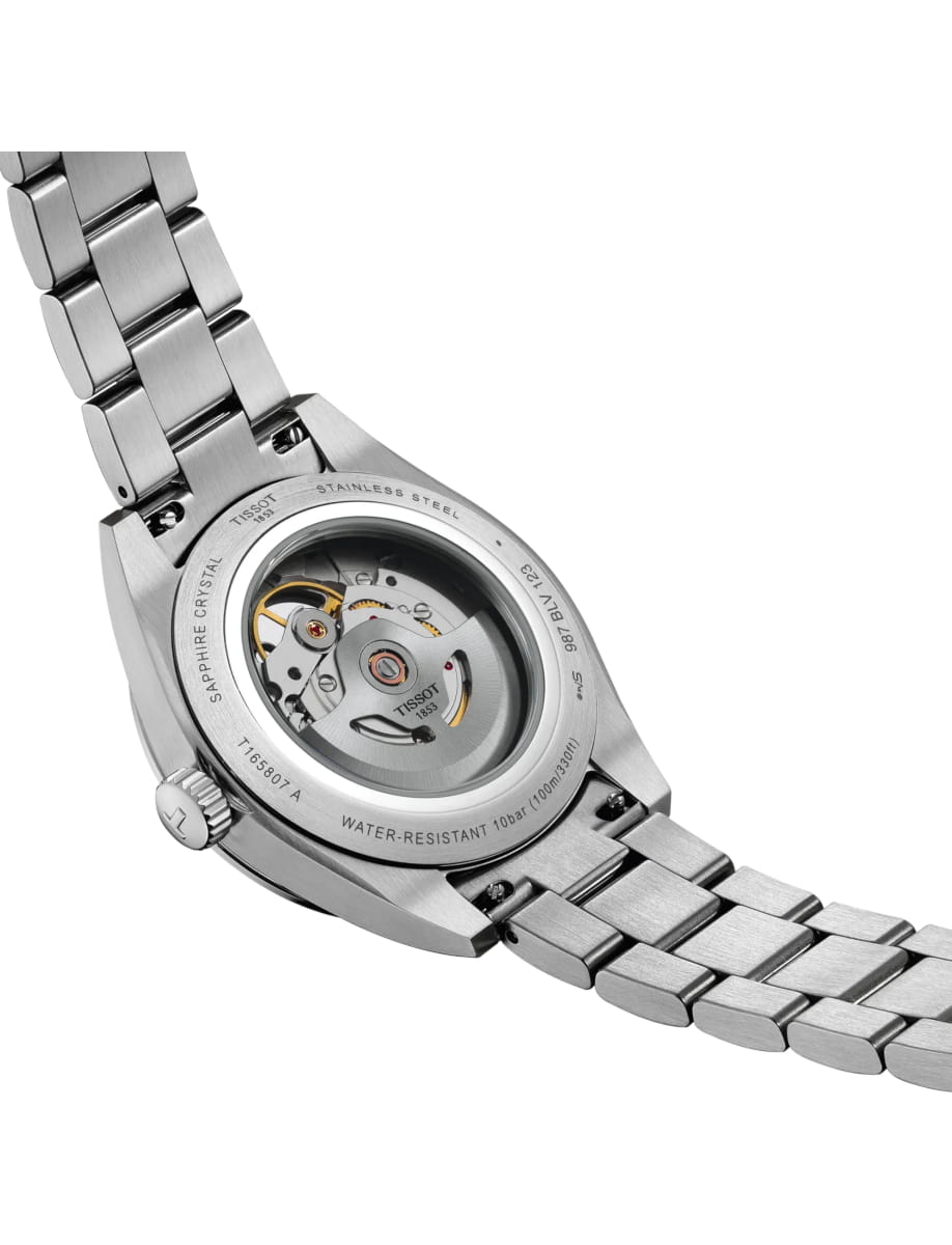 Back view of Tissot wristwatch with stainless steel case and bracelet and blue dial