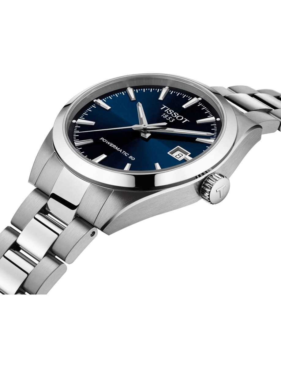Side view of Tissot wristwatch with stainless steel case and bracelet and blue dial