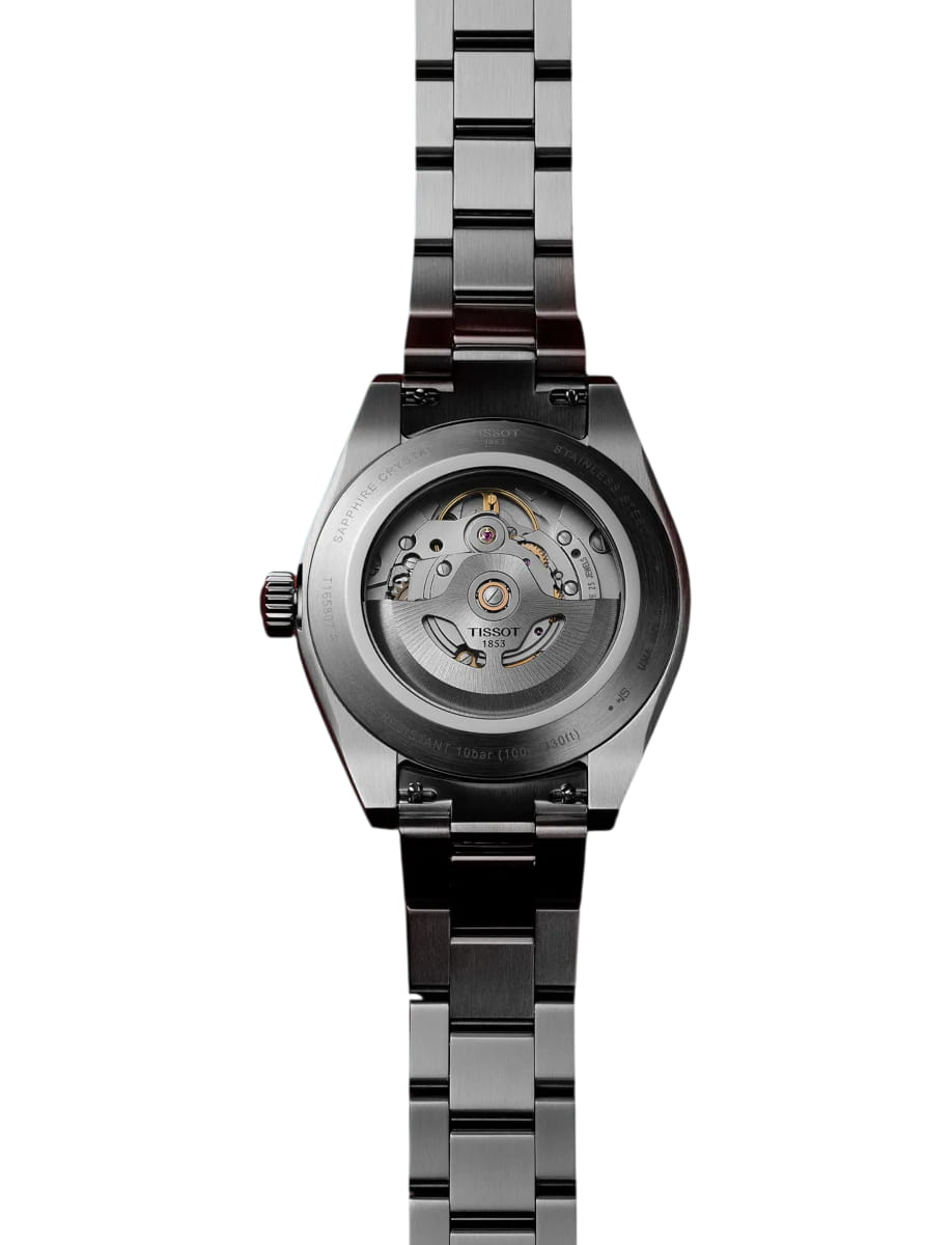 Back view of Tissot wristwatch with stainless steel case and bracelet and green dial
