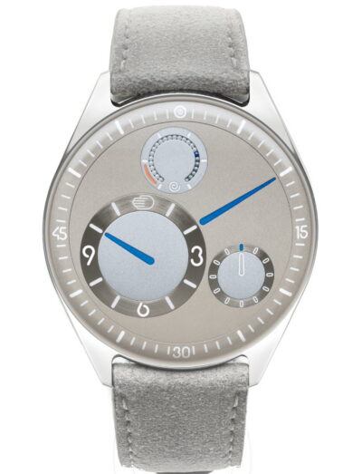 Ressence wristwatch with grade 5 titanium case, grey dial, and grey leather strap.