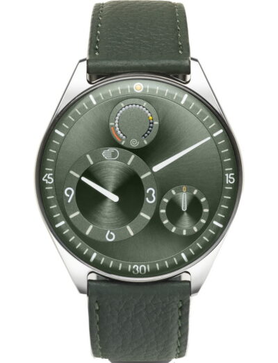 Ressence wristwatch with grade 5 titanium case, green dial, and green leather strap.