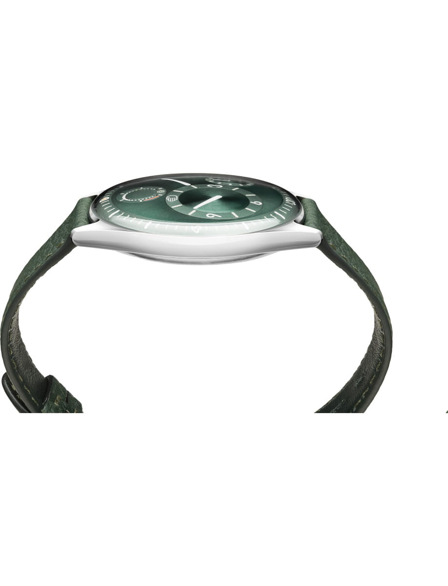 Side view of Ressence wristwatch with grade 5 titanium case, green dial, and green leather strap.