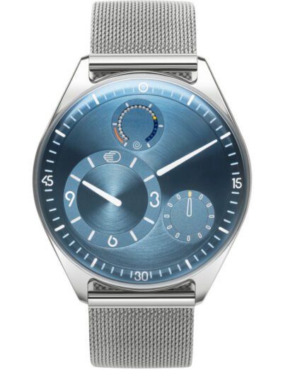 Ressence wristwatch with grade 5 titanium case, blue dial, and titanium millanese strap.