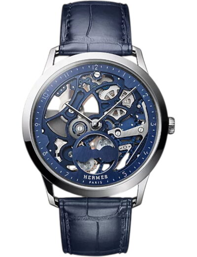 Hermes wristwatch with platinum case, blue skeleton dial and alligator leather strap