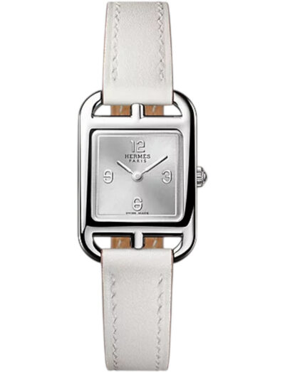 Hermes wristwatch with stainless steel case, silver dial and calfskin leather strap