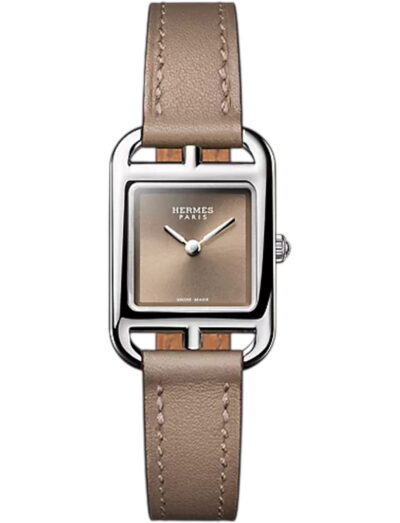 Hermes wristwatch with stainless steel case, etoupe dial and calfskin leather strap