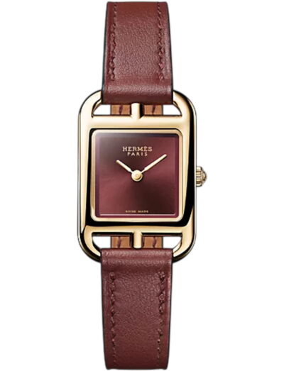 Hermes wristwatch with yellow gold case, rouge dial and rouge calfskin leather strap