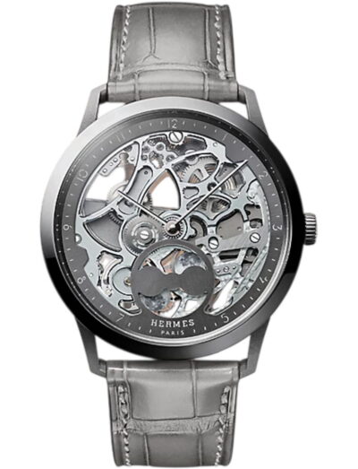 Hermes wristwatch with titanium case, skeleton dial and alligator leather strap