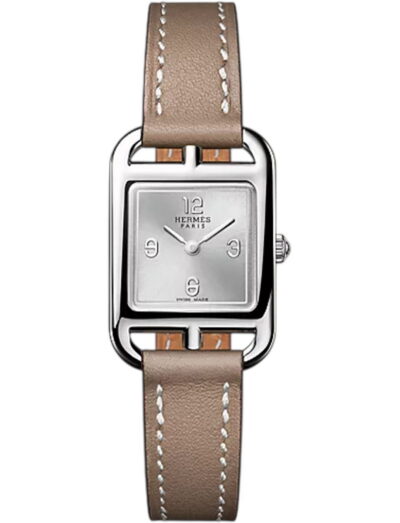 Hermes wristwatch with stainless steel case, silver dial and calfskin leather strap