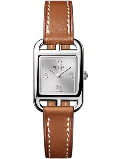 Hermes wristwatch with stainless steel case, silver dial and calfskin leather strap