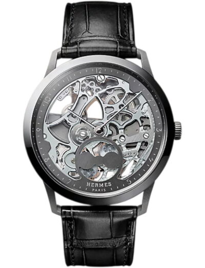 Hermes wristwatch with titanium case, black skeletonized dial and alligator leather strap