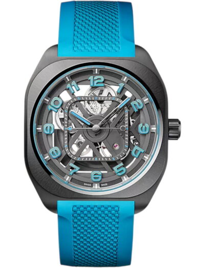 Hermes wristwatch with titanium case, openworked dial and blue rubber strap