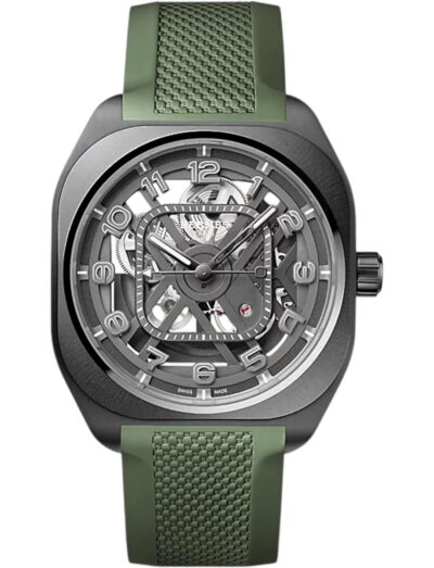 Hermes wristwatch with titanium case, openworked dial and green rubber strap
