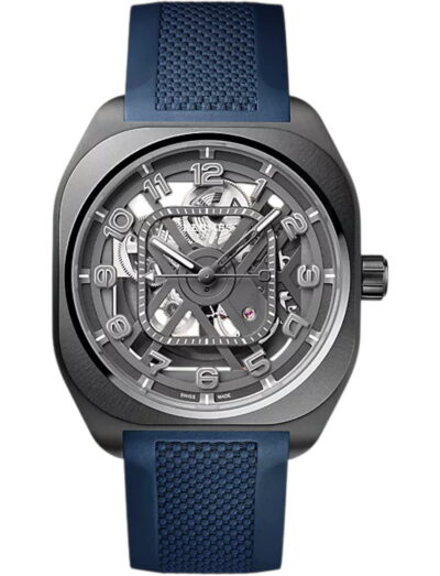 Hermes wristwatch with titanium case, openworked dial and blue rubber strap