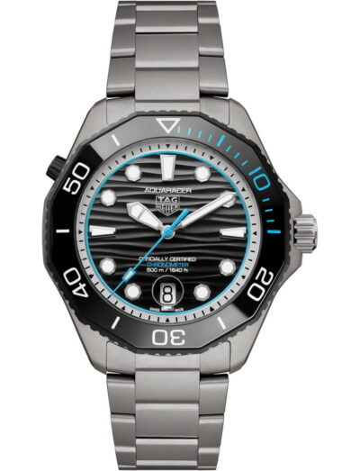 Tag Heuer Aquaracer Professional 500 Date wristwatch with titanium case and bracelet, and black and blue dial.