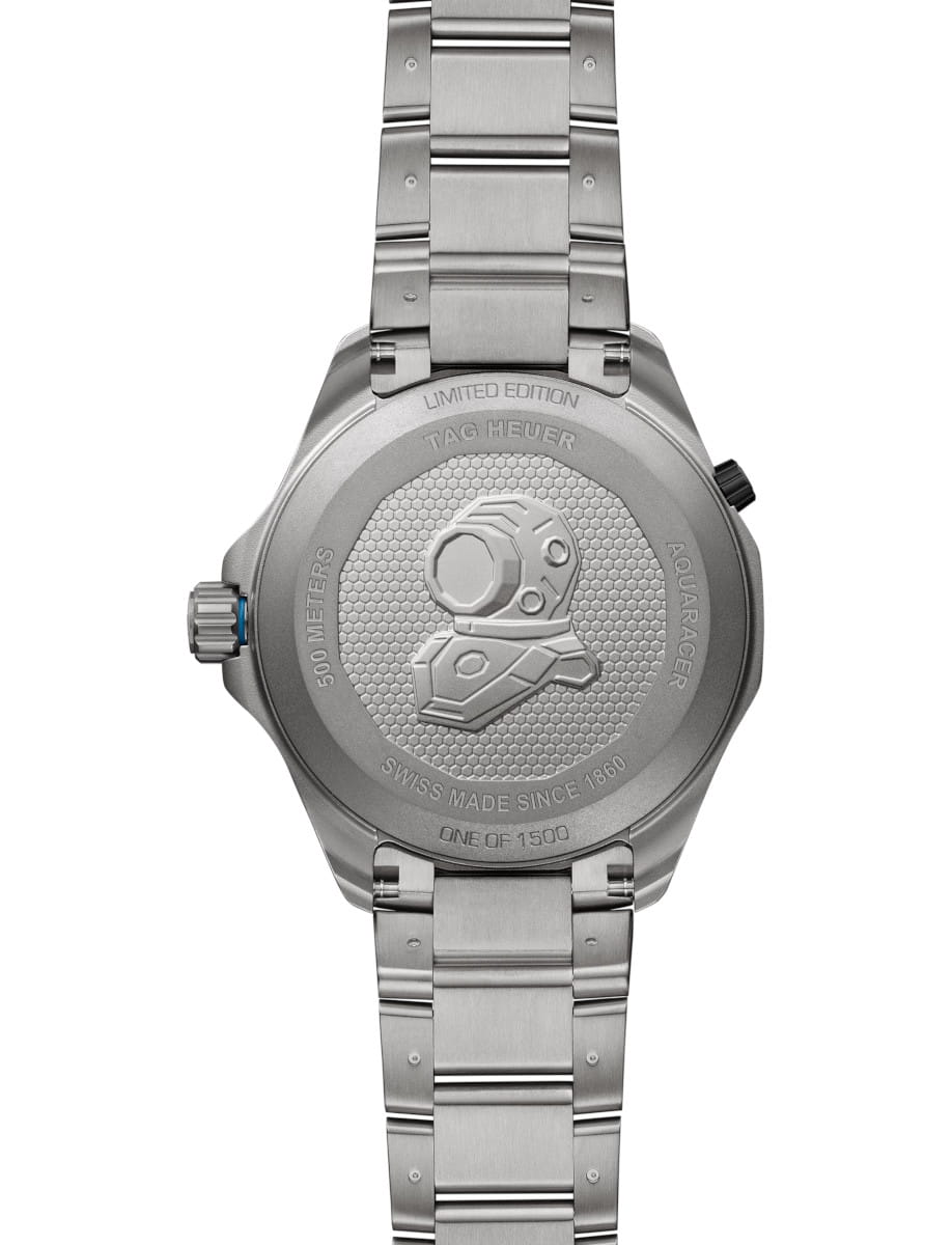Back view of Tag Heuer Aquaracer Professional 500 Date wristwatch with titanium case and bracelet, and black and blue dial.