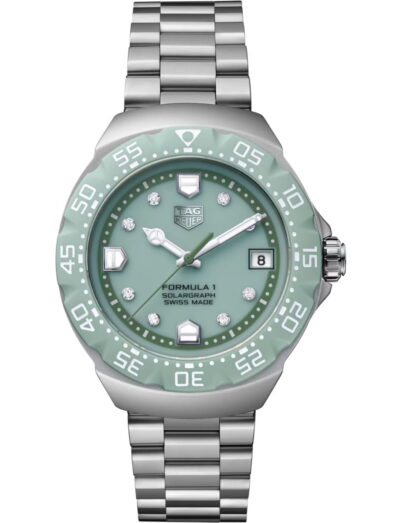 TAG Heuer wristwatch with stainless steel case and bracelet and opalin green dial