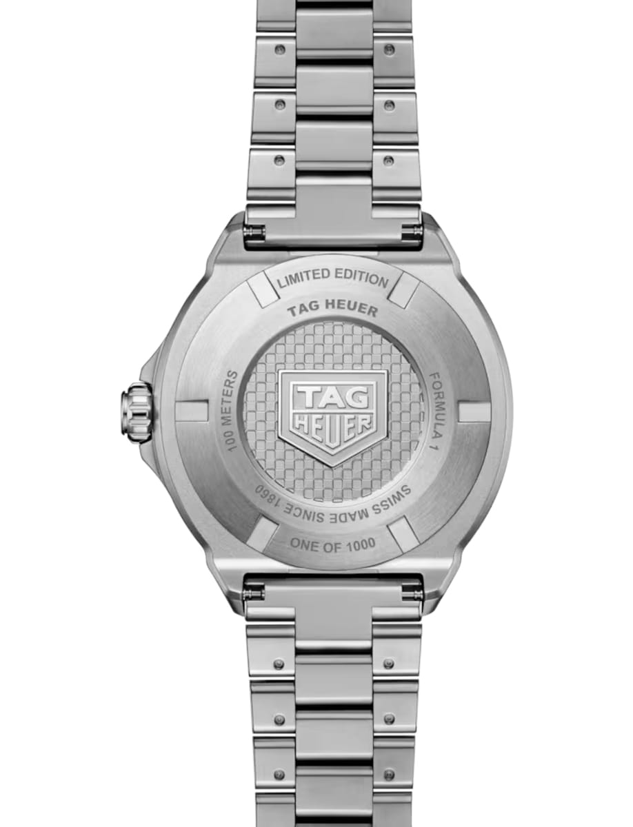 Back view of TAG Heuer wristwatch with stainless steel case and bracelet and opalin blue dial