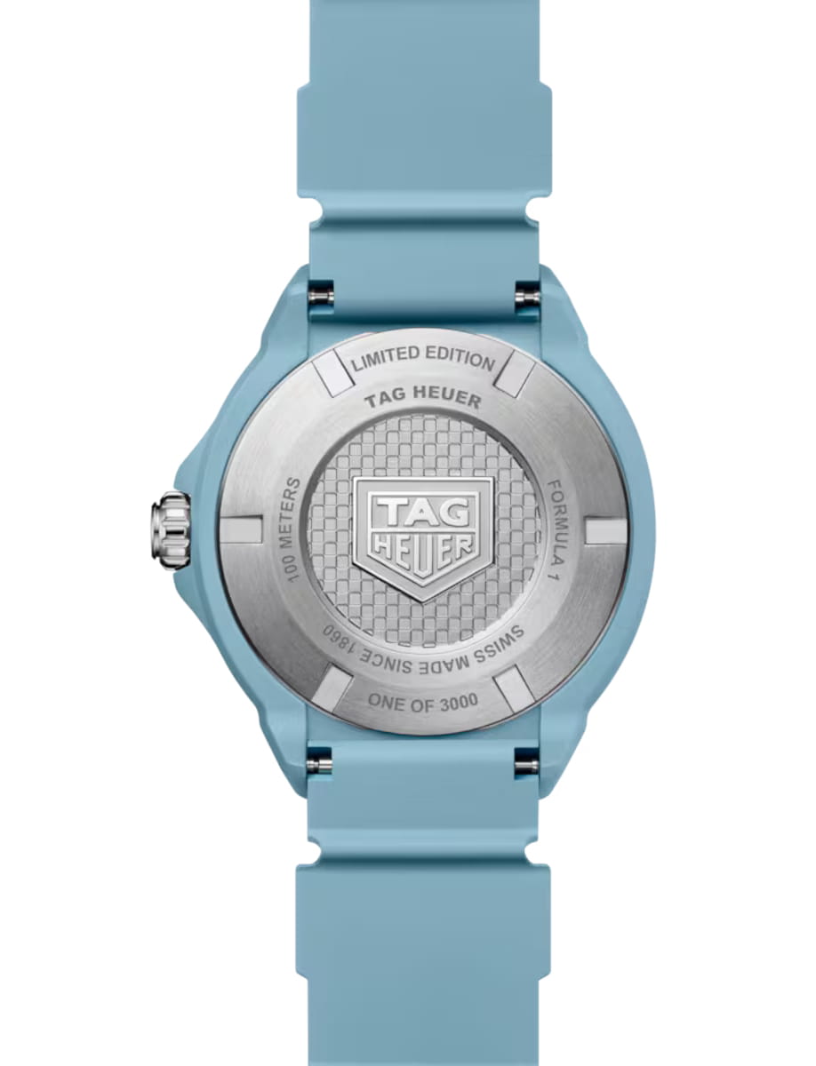 Back view of TAG Heuer Formula 1 wristwatch with TH-Polylight case, opaline blue dial and blue rubber strap