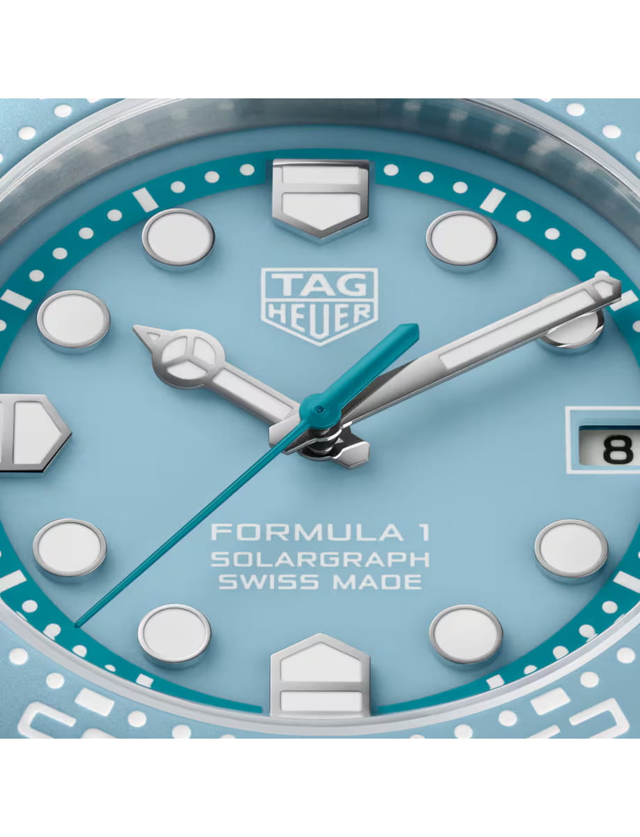 Close view of TAG Heuer Formula 1 wristwatch with TH-Polylight case, opaline blue dial and blue rubber strap