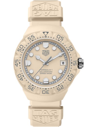 TAG Heuer Formula 1 Solargraph wristwatch with TH-Polylight case, beige opaline dial, and beige rubber strap.