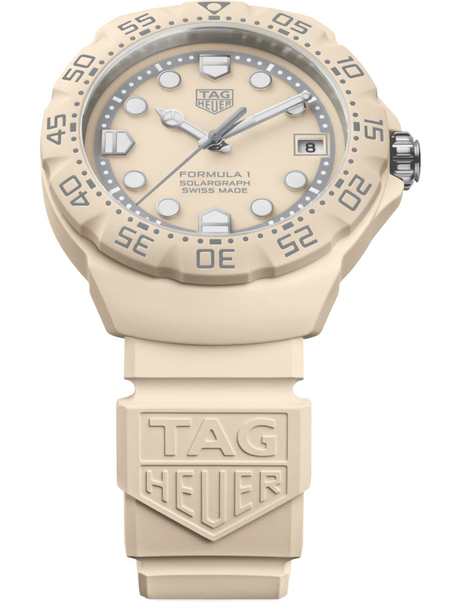 Front view of TAG Heuer Formula 1 Solargraph wristwatch with TH-Polylight case, beige opaline dial, and beige rubber strap.