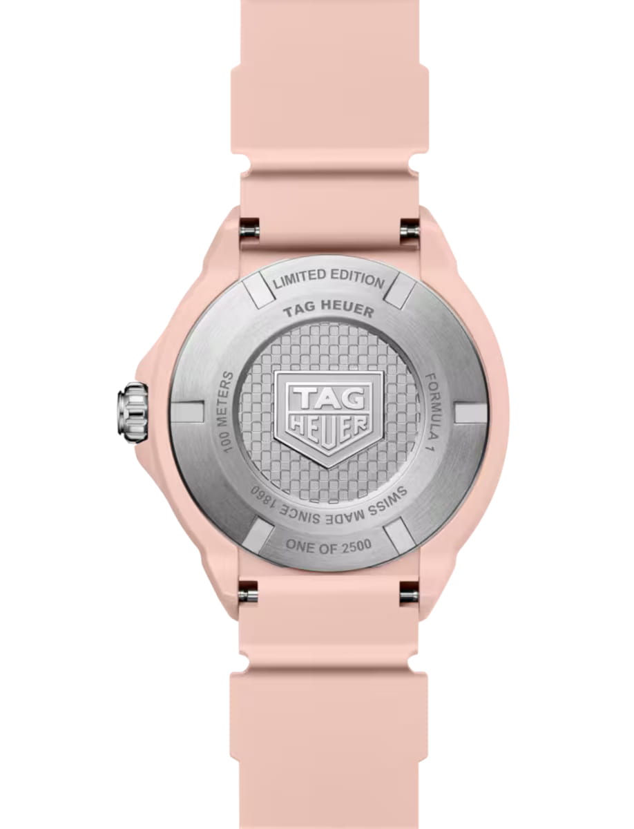 Back view of TAG Heuer Formula 1 wristwatch with TH-Polylight case, opaline pink dial and pink rubber strap