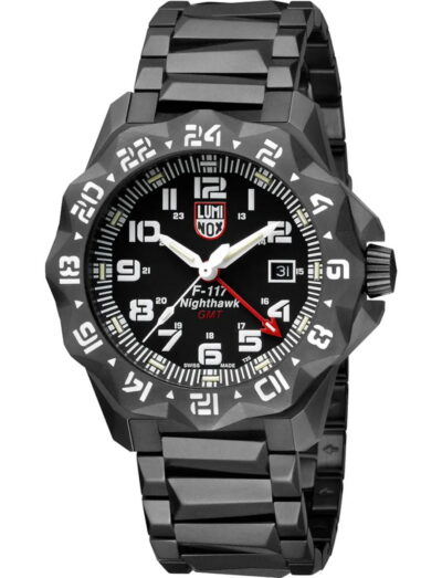 Luminox wristwatch featured in black PVD stainless steel, quartz movement with GMT function, black dial, black PVD stainless steel bracelet.
